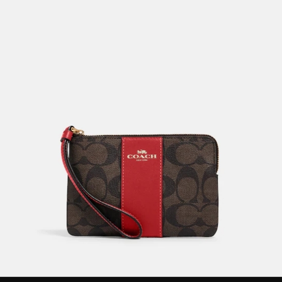 Coach Corner Zip Wristlet Signature Canvas Color Brown/1941 Red - Picture 1 of 12